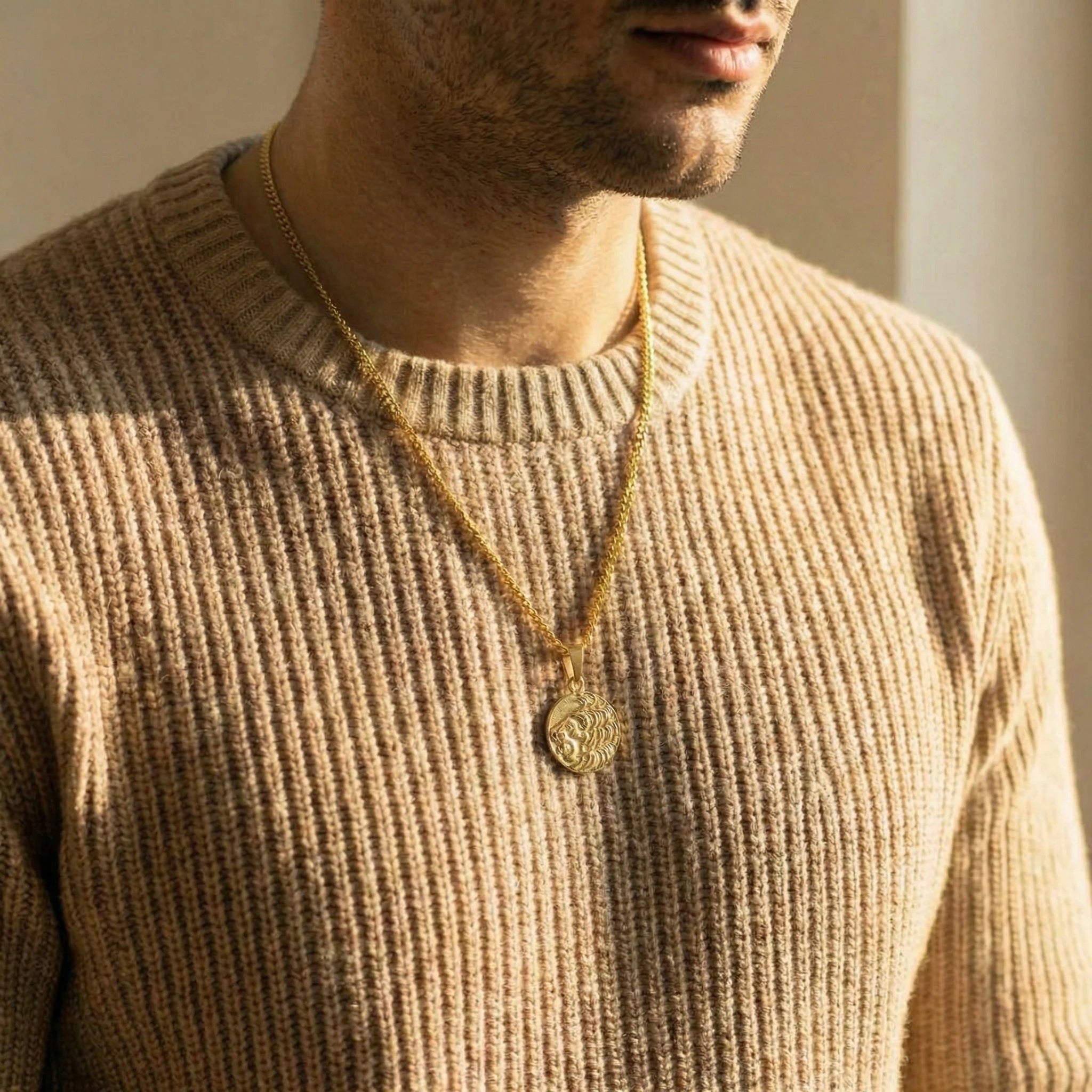 Lion & Lamb Pendant Necklace male model approved smaller pendant